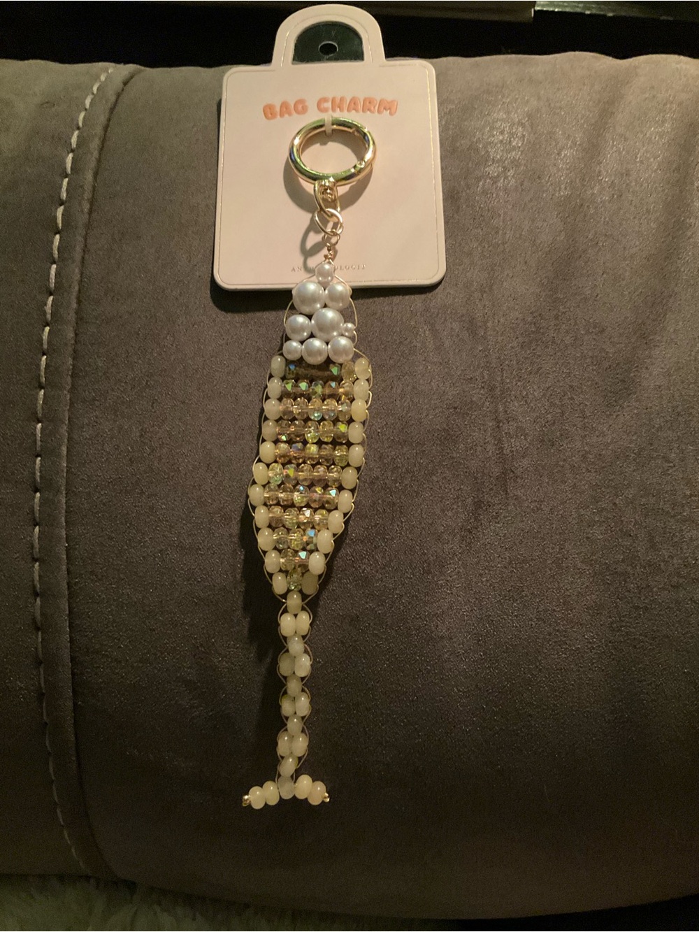 Anthropologie Pearl & Iridescent Bead Champagne Glass Bag Charm- Gold Hardware